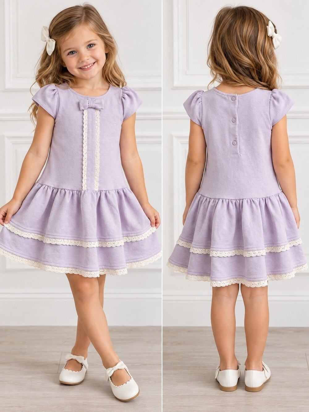 Janie and Jack Girls Size 4 Lavender Purple Lace Trim Bow Tiered Dress